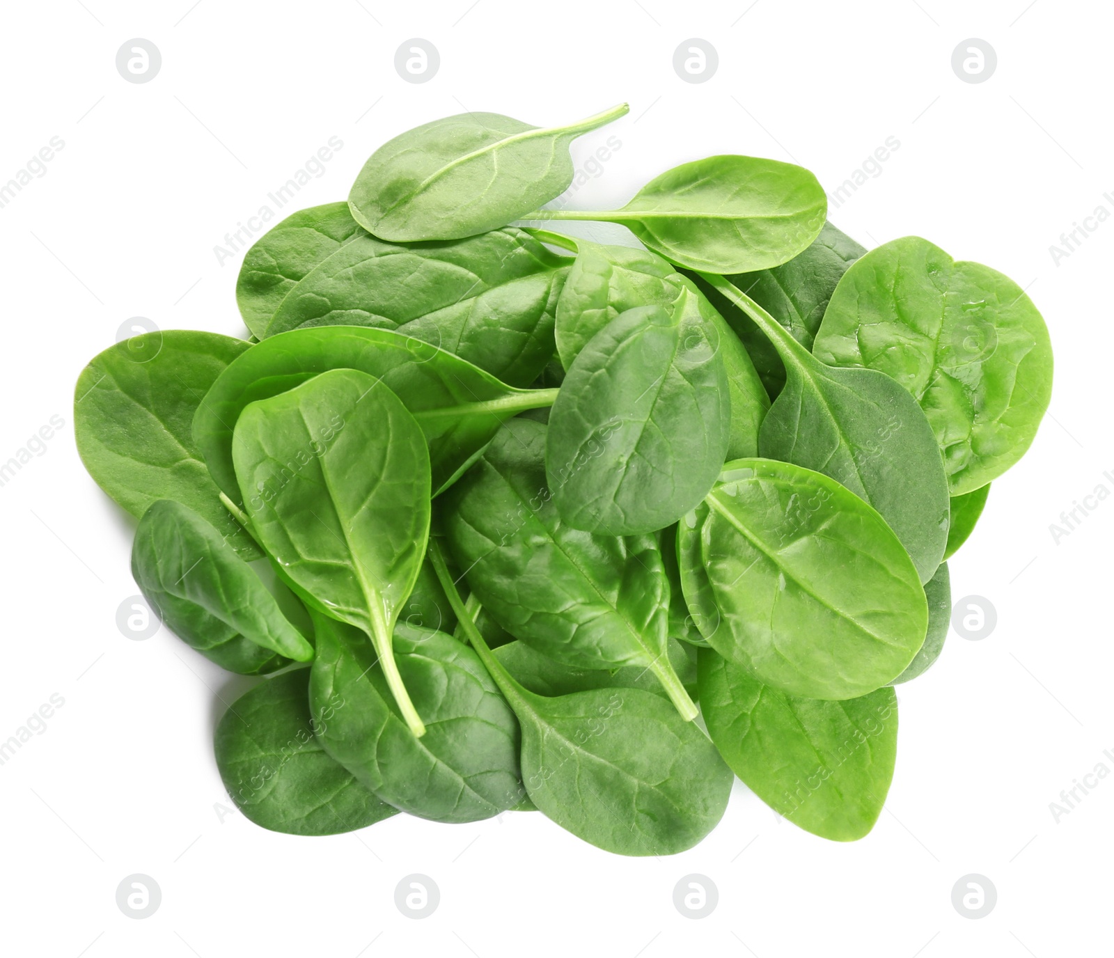 Photo of Pile of fresh green healthy baby spinach leaves on white background, top view