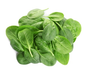 Pile of fresh green healthy baby spinach leaves on white background, top view