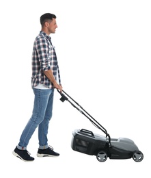 Man with modern lawn mower on white background