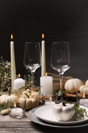 Photo of Beautiful autumn place setting and decor on wooden table