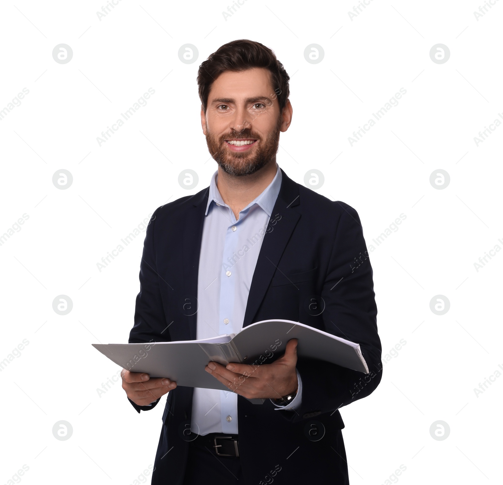 Photo of Smiling man with folder on white background. Lawyer, businessman, accountant or manager