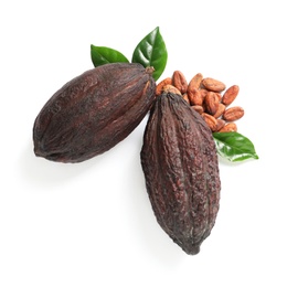 Photo of Composition with cocoa pods on white background, top view