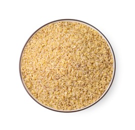 Photo of Raw bulgur in bowl isolated on white, top view