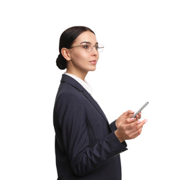 Photo of Young businesswoman with mobile phone on white background