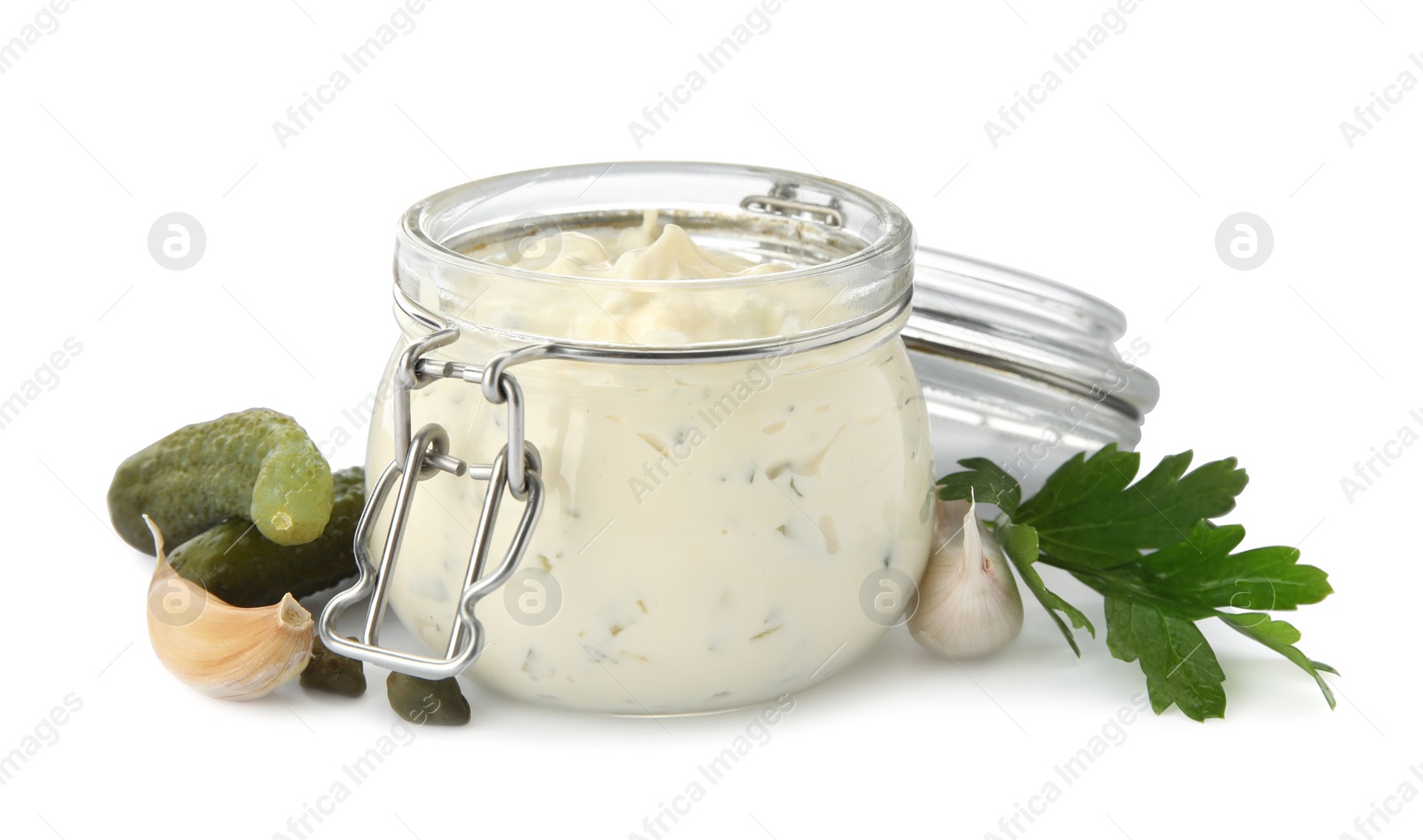 Photo of Tartar sauce and ingredients on white background