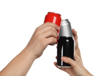 Photo of Friends clinking different cans on white background, closeup