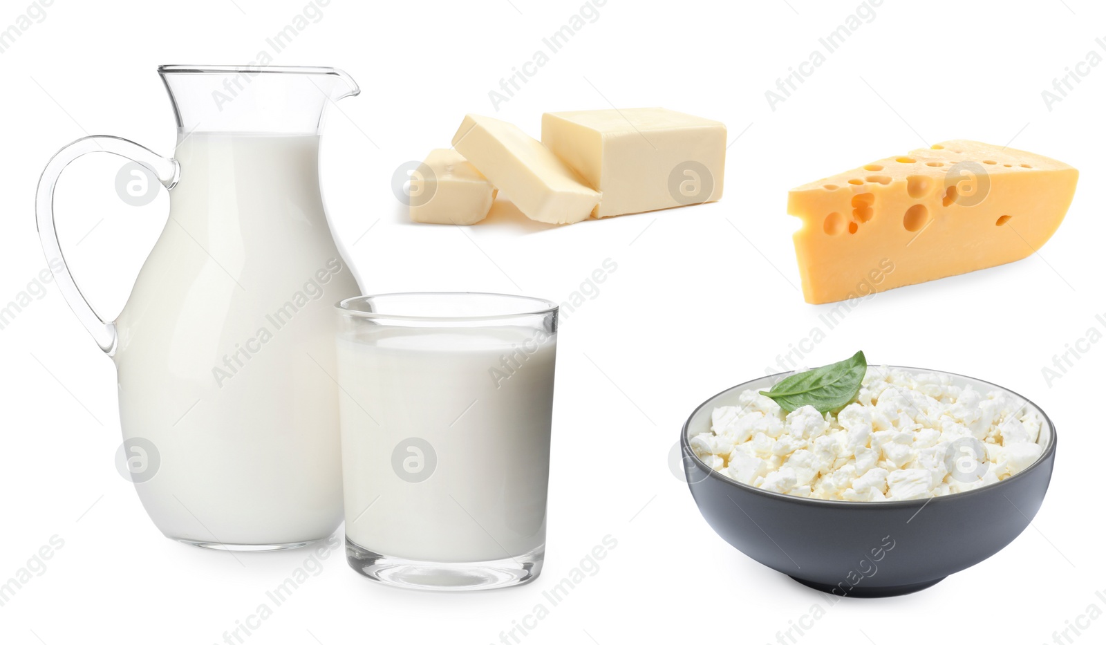 Image of Healthy diet. Collage with different dairy products on white background