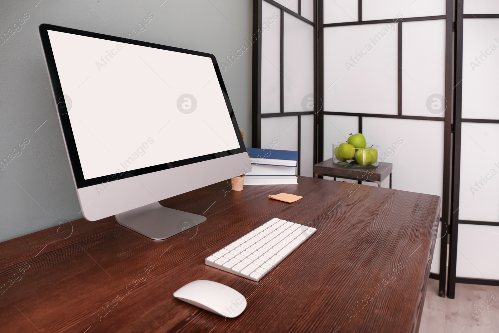 Image of Home workplace with modern computer and desk in room. Mockup for design