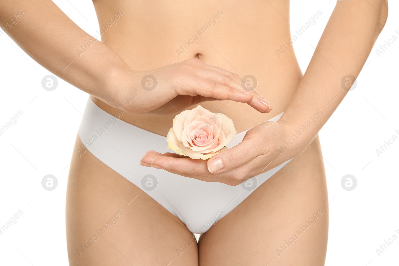 Photo of Gynecology. Woman in underwear with rose flower on white background, closeup