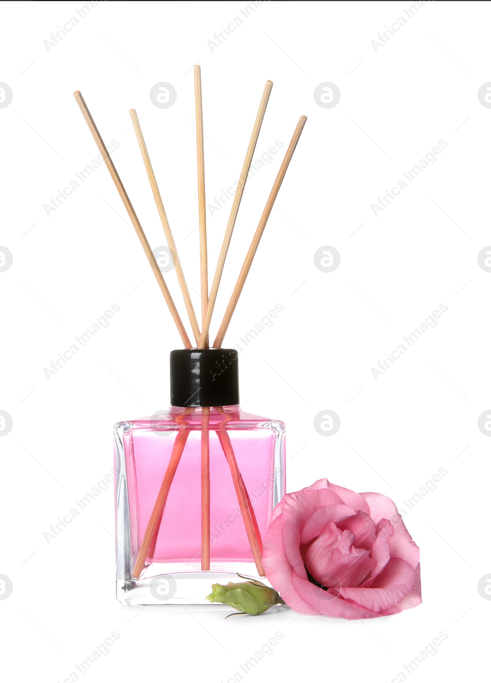 Photo of Aromatic reed air freshener and rose on white background