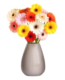 Photo of Bouquet of beautiful colorful gerbera flowers in vase isolated on white