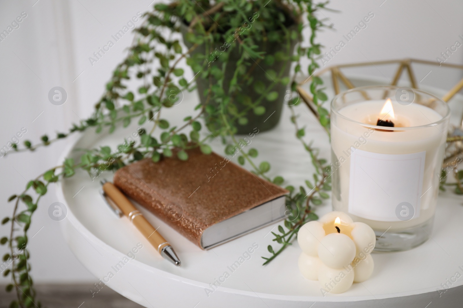 Photo of Burning candles, notebook and houseplant on white wooden table indoors