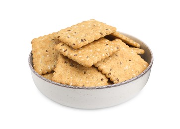 Photo of Cereal crackers with flax and sesame seeds in bowl isolated on white