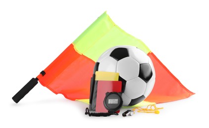 Football referee equipment. Soccer ball, flag, stopwatch, cards and whistle isolated on white