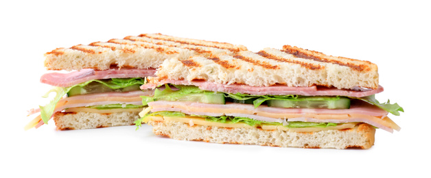 Photo of Tasty sandwich with ham on white background