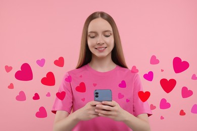 Long distance love. Woman chatting with sweetheart via smartphone on pink background. Hearts flying out of device and swirling around her