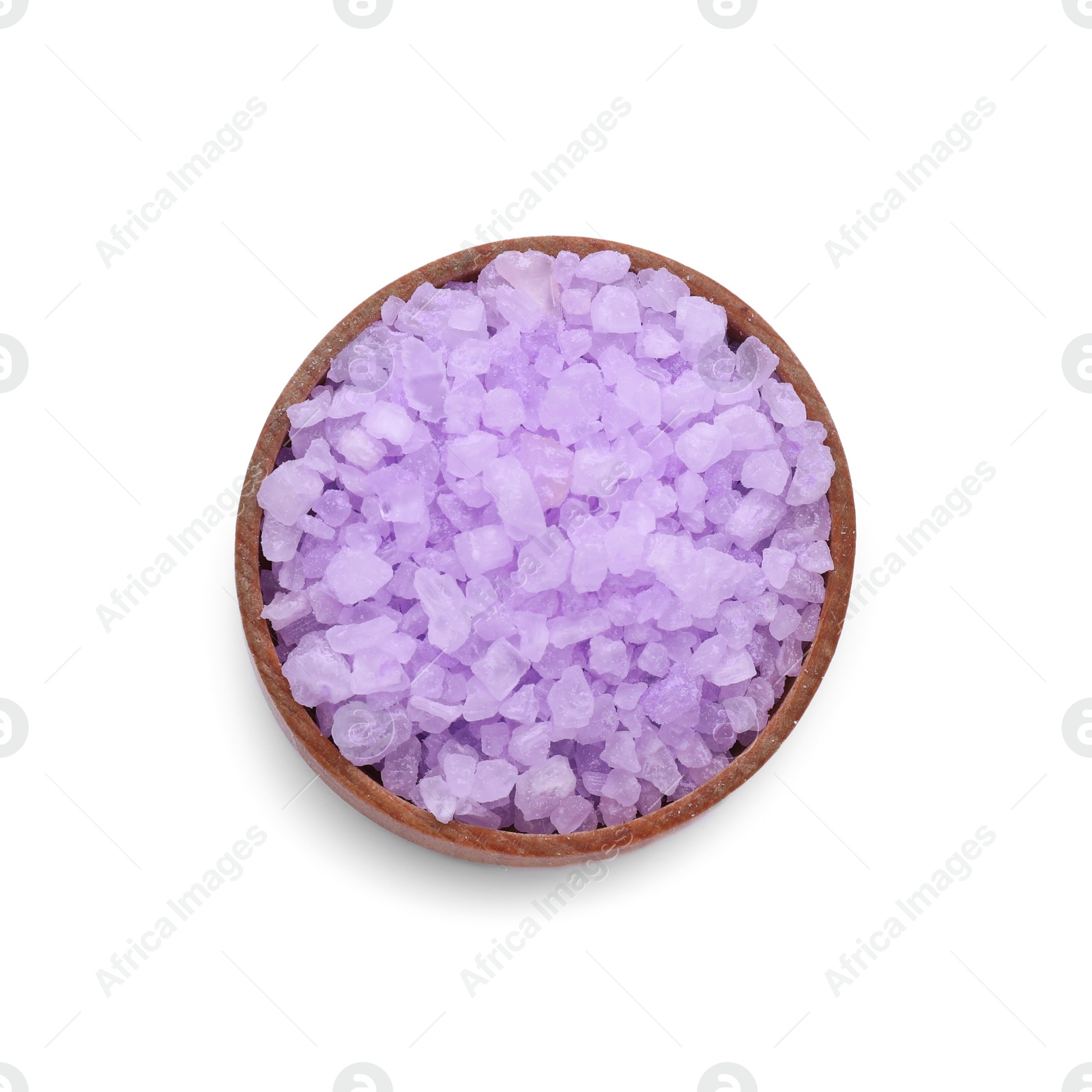 Photo of Wooden bowl with violet sea salt isolated on white, top view