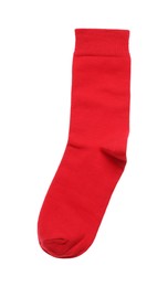 Photo of Red sock isolated on white, top view