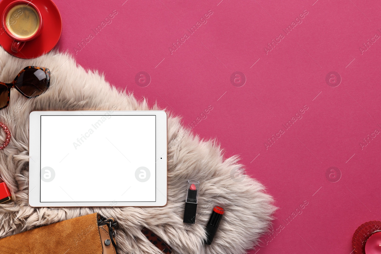 Photo of Flat lay composition with modern tablet on hot pink background. Space for text