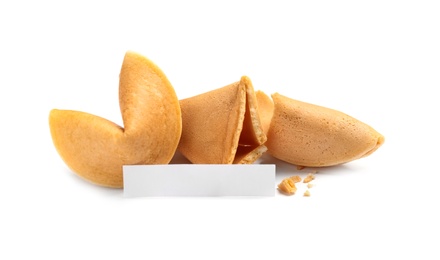 Photo of Traditional homemade fortune cookies with prediction on white background