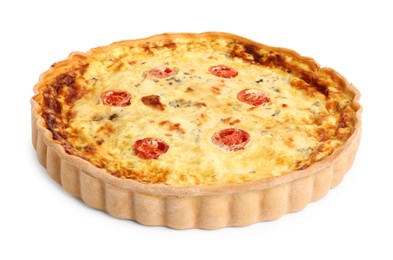 Photo of Delicious quiche with cheese and tomatoes isolated on white