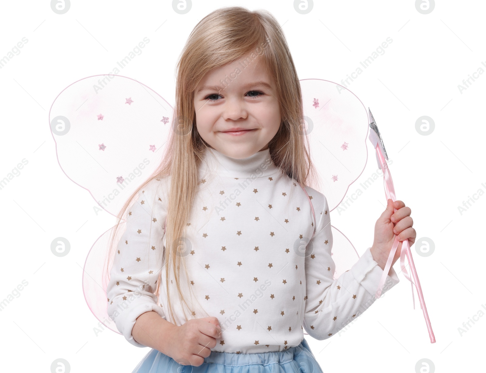 Photo of Cute little girl in fairy costume with pink wings and magic wand on white background