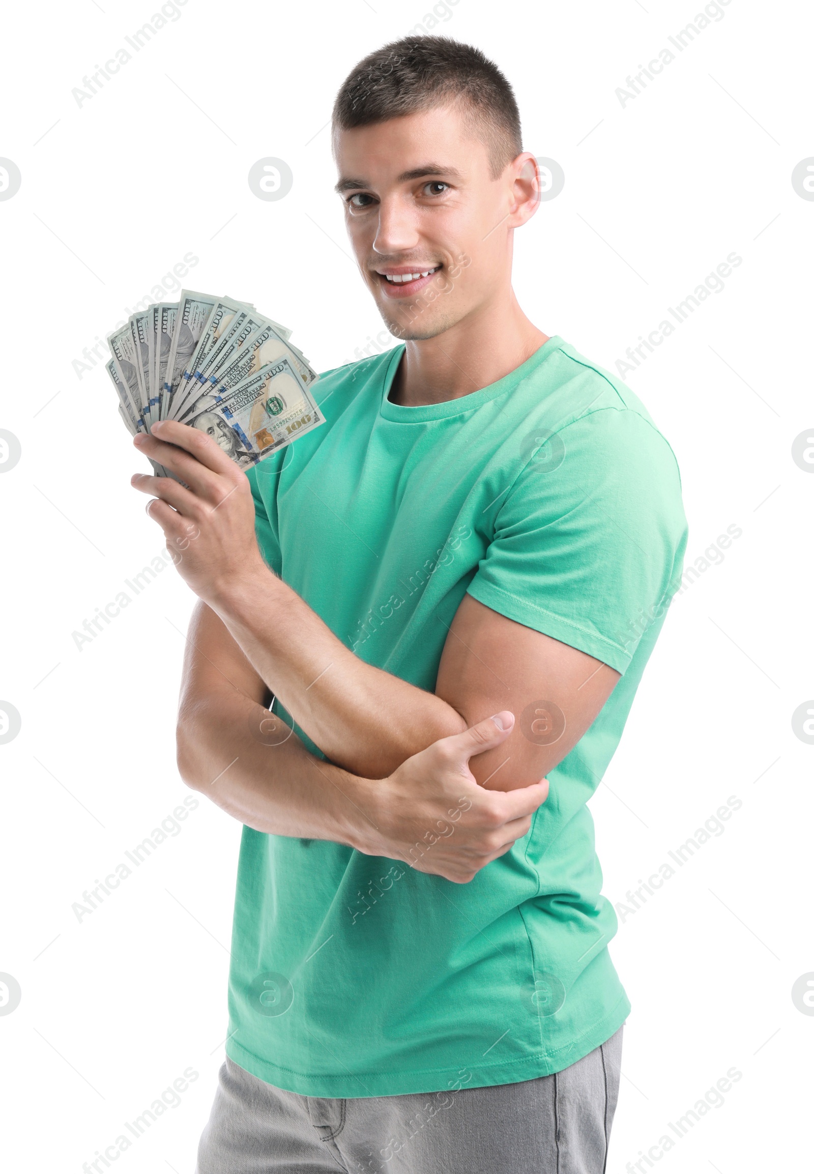 Photo of Handsome young man with dollars on white background