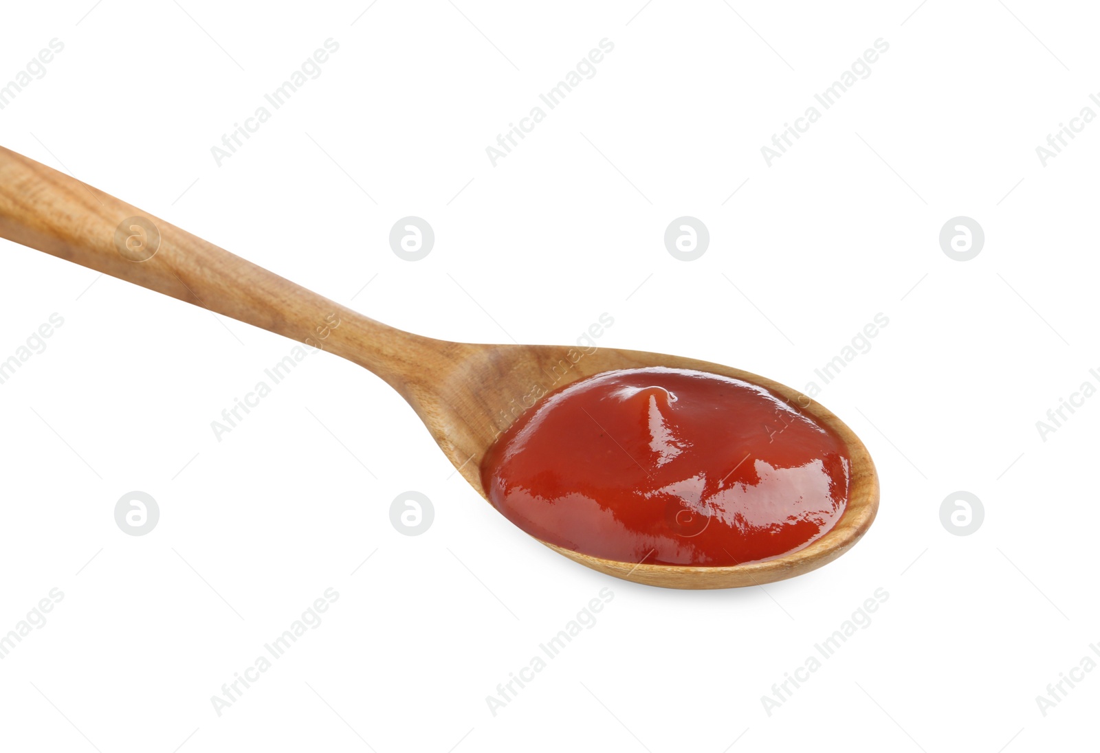 Photo of Tasty ketchup with spoon isolated on white. Tomato sauce