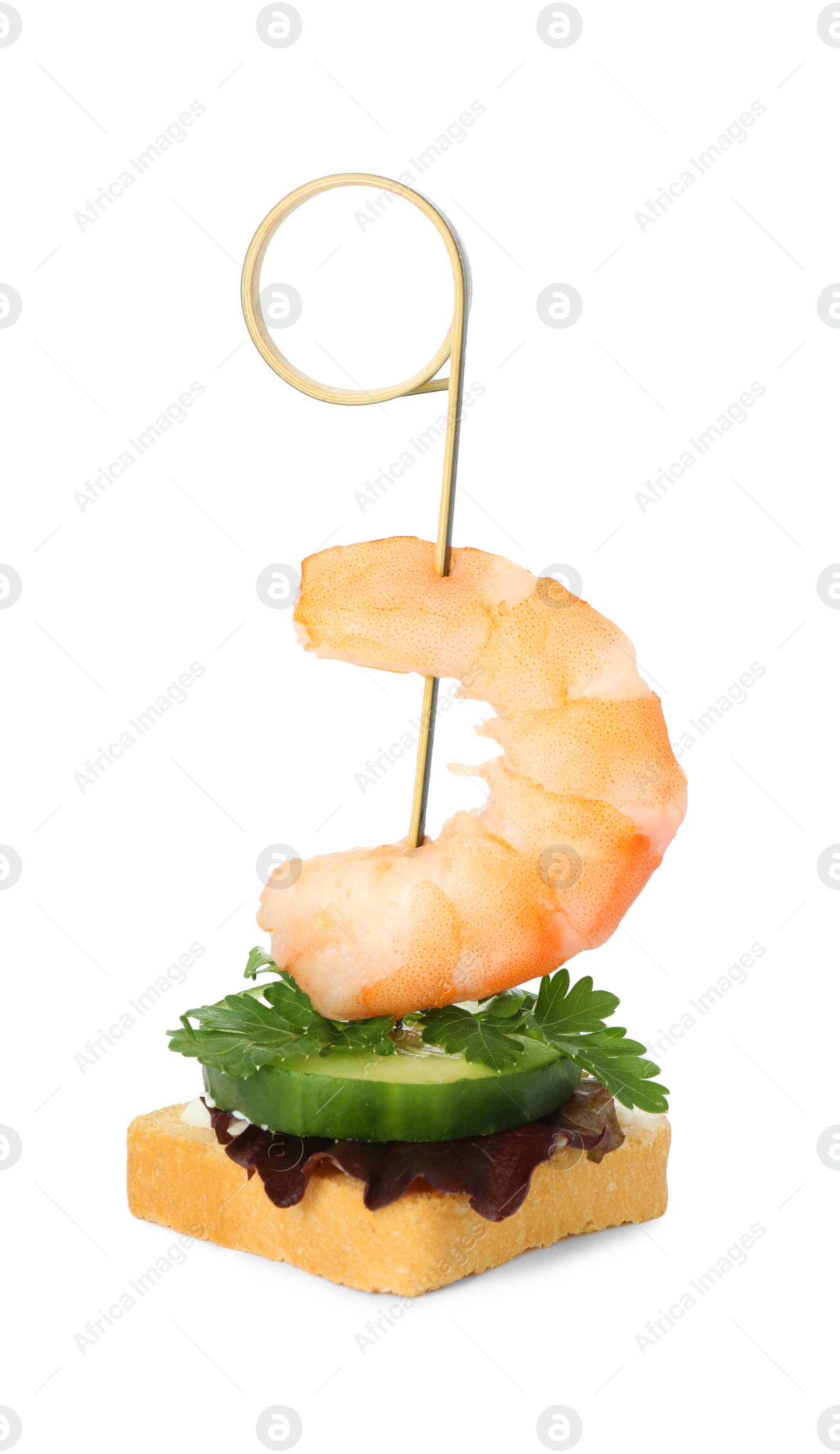 Photo of Tasty canape with shrimp, greens and cucumber isolated on white