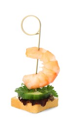 Photo of Tasty canape with shrimp, greens and cucumber isolated on white