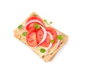 Photo of Fresh crunchy crispbreads with pate, tomatoes, red onion and greens isolated on white, top view