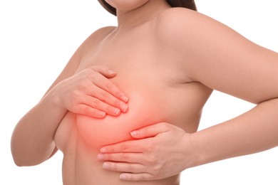 Image of Naked young woman suffering from breast pain on white background, closeup