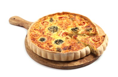 Photo of Delicious homemade vegetable quiche isolated on white