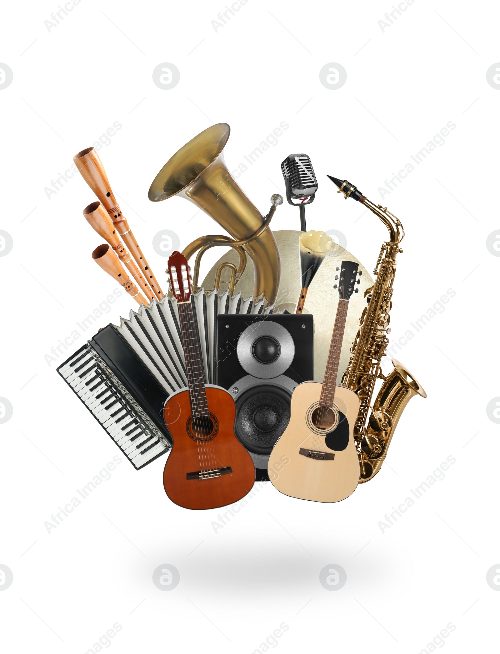 Image of Group of different musical instruments on white background