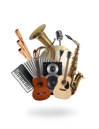 Image of Group of different musical instruments on white background