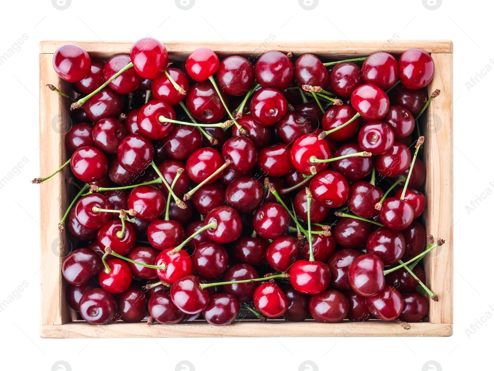 Photo of Sweet juicy cherries in crate on white background, top view