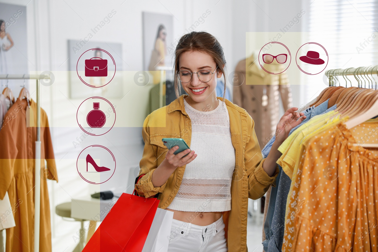 Image of Fashion buyer choosing clothes near rack in boutique, icons in foreground