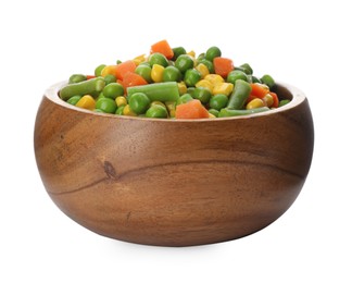 Mix of fresh vegetables in wooden bowl on white background