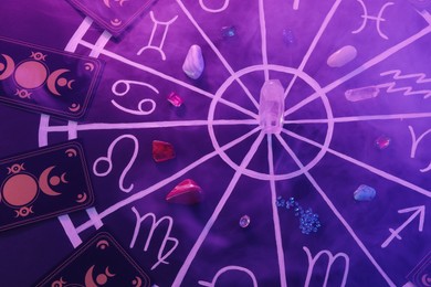 Photo of Natural stones for zodiac signs, tarot cards and drawn astrology chart on purple background, above view. Color tone effect