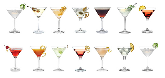 Image of Set with different martini cocktails on white background, banner design 