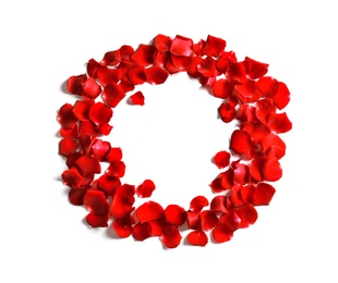 Photo of Red rose petals on white background, top view