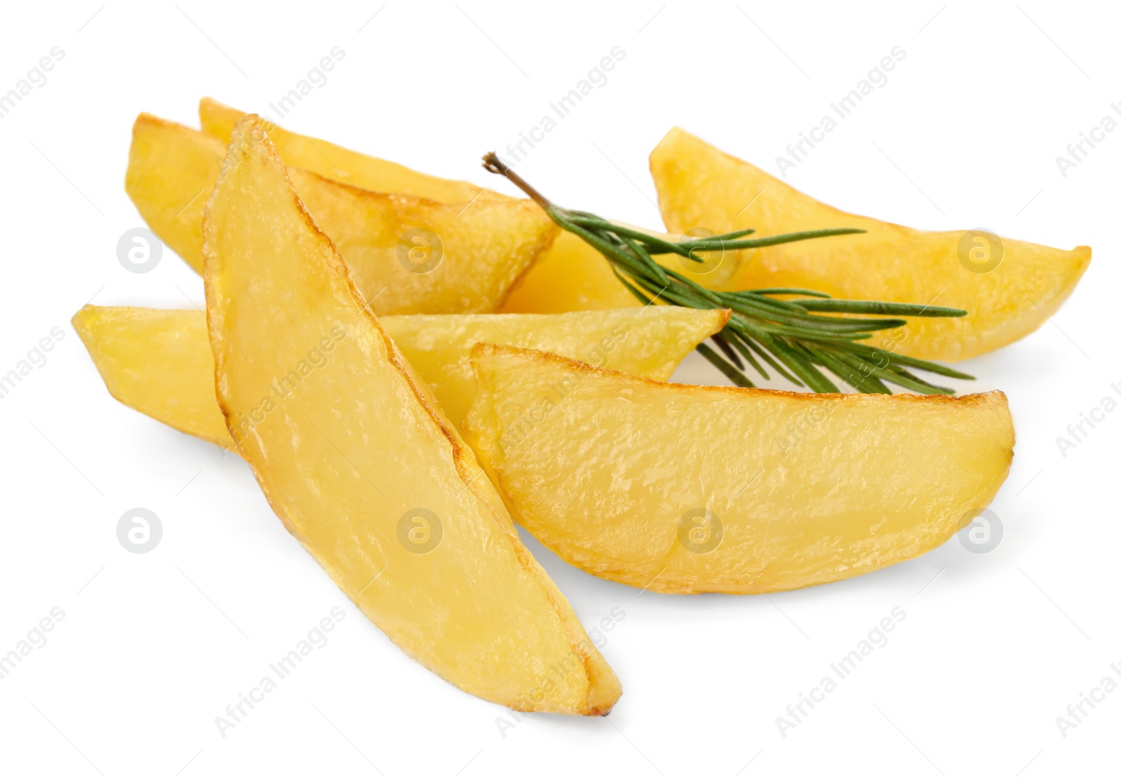 Photo of Tasty baked potato wedges with rosemary on white background