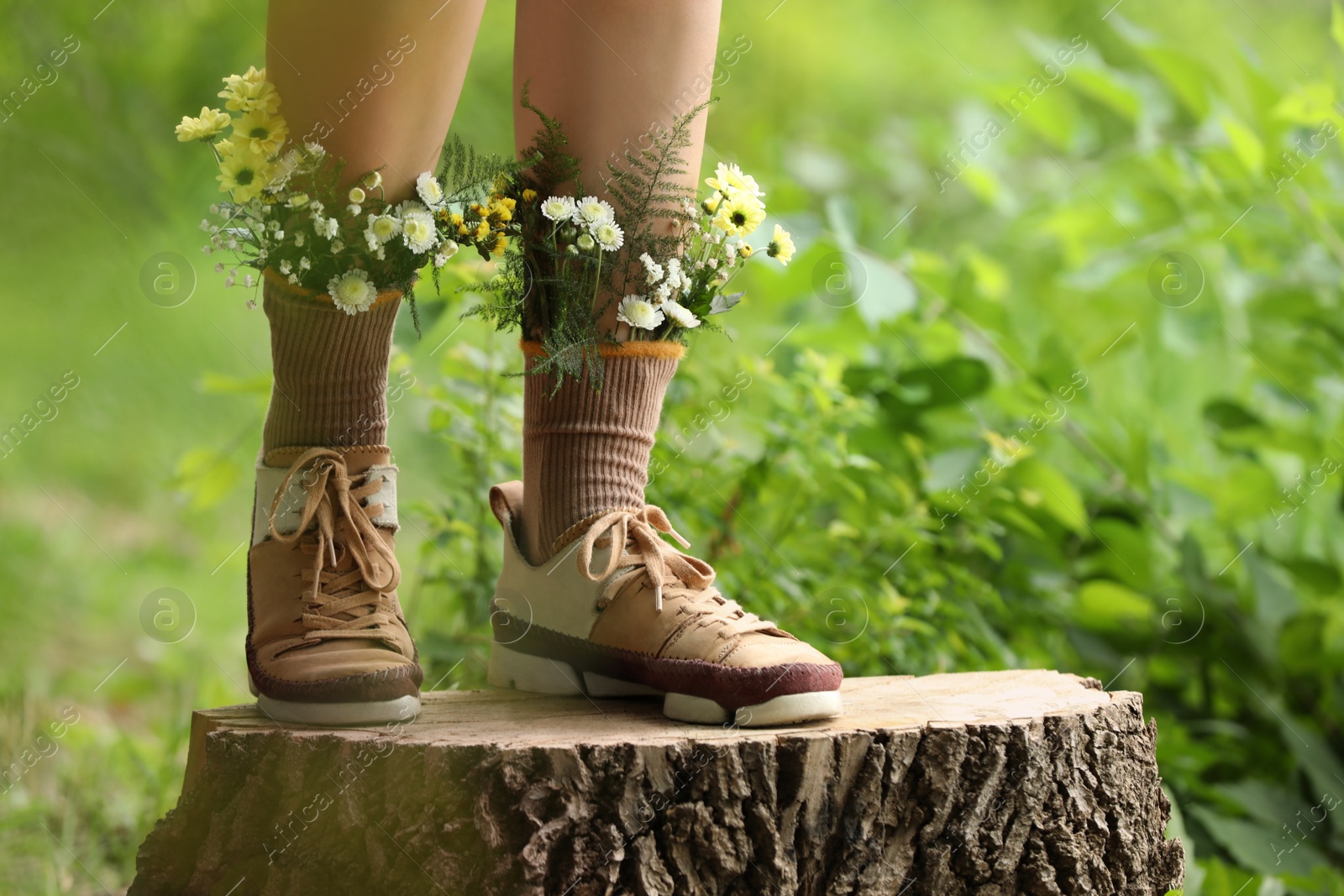 Photo of Woman standing on stump with flowers in socks outdoors, closeup