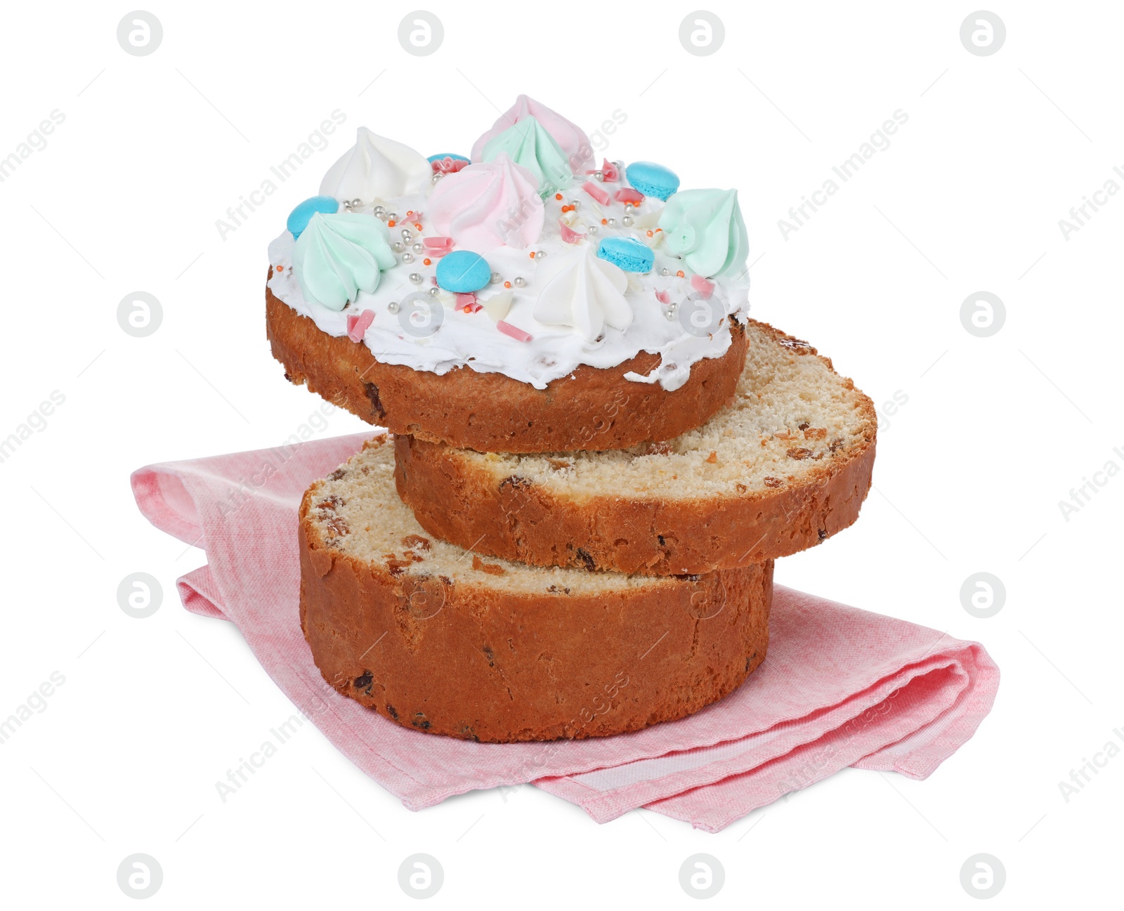 Photo of Cut traditional Easter cake with meringues on white background