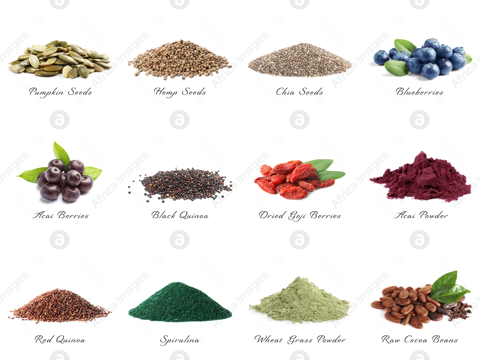 Image of Set of different superfoods on white background