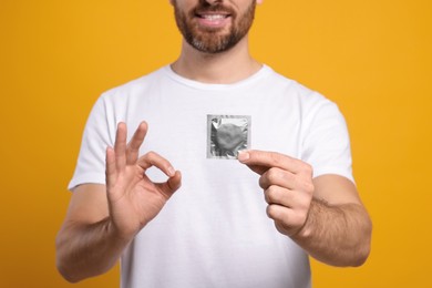 Man with condom showing ok gesture on yellow background, closeup. Safe sex