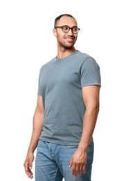 Man wearing stylish t-shirt on white background