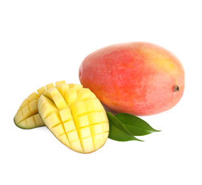 Photo of Whole and cut juicy mangoes isolated on white