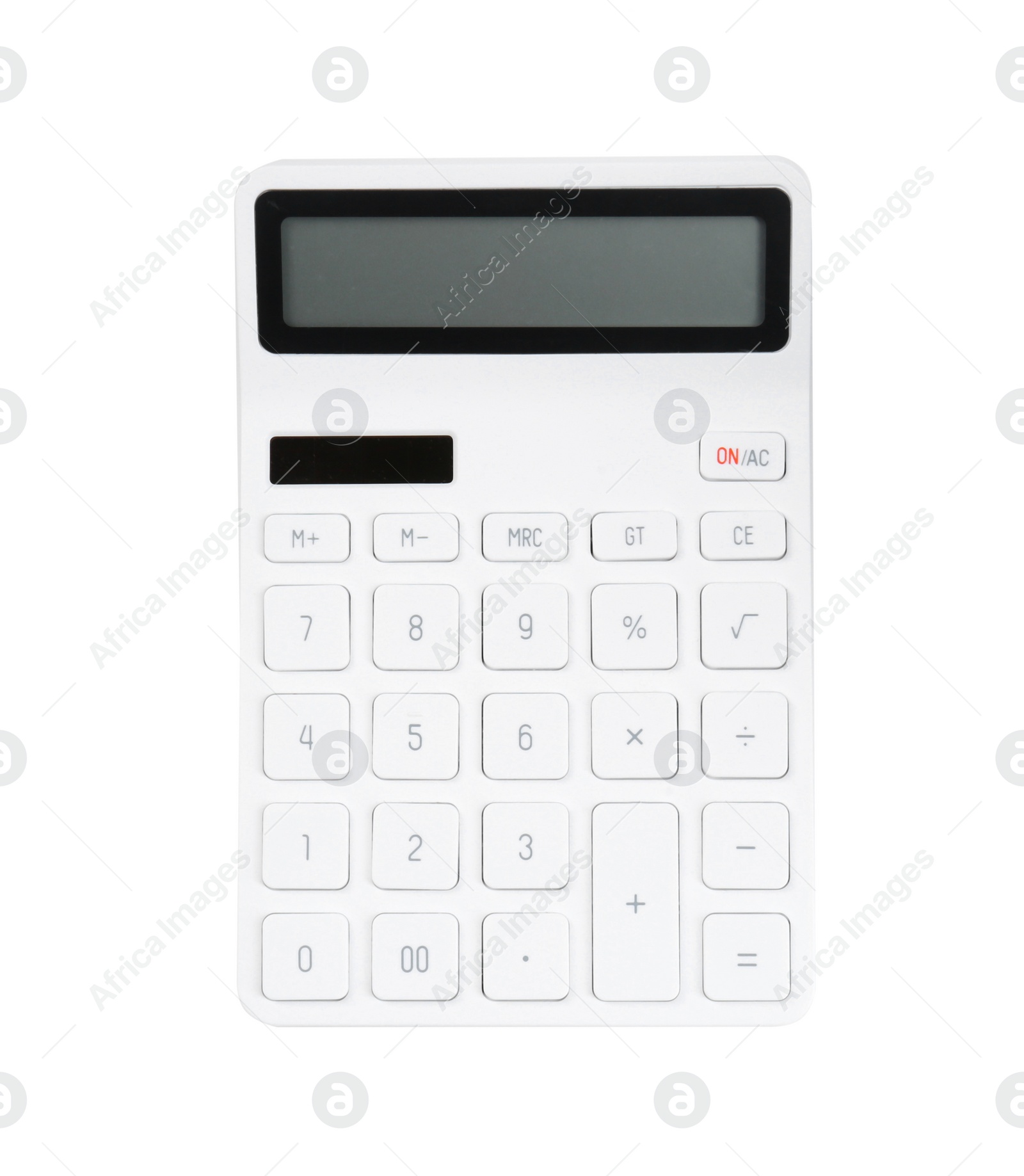 Photo of Calculator isolated on white, top view. Office stationery