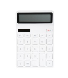 Photo of Calculator isolated on white, top view. Office stationery